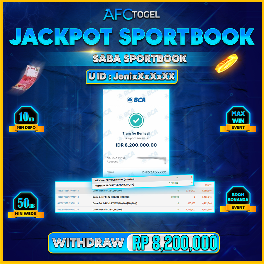 AFCTOGEL JACKPOT SABA SPORTBOOK Rp.8.200.000.,- LUNAS