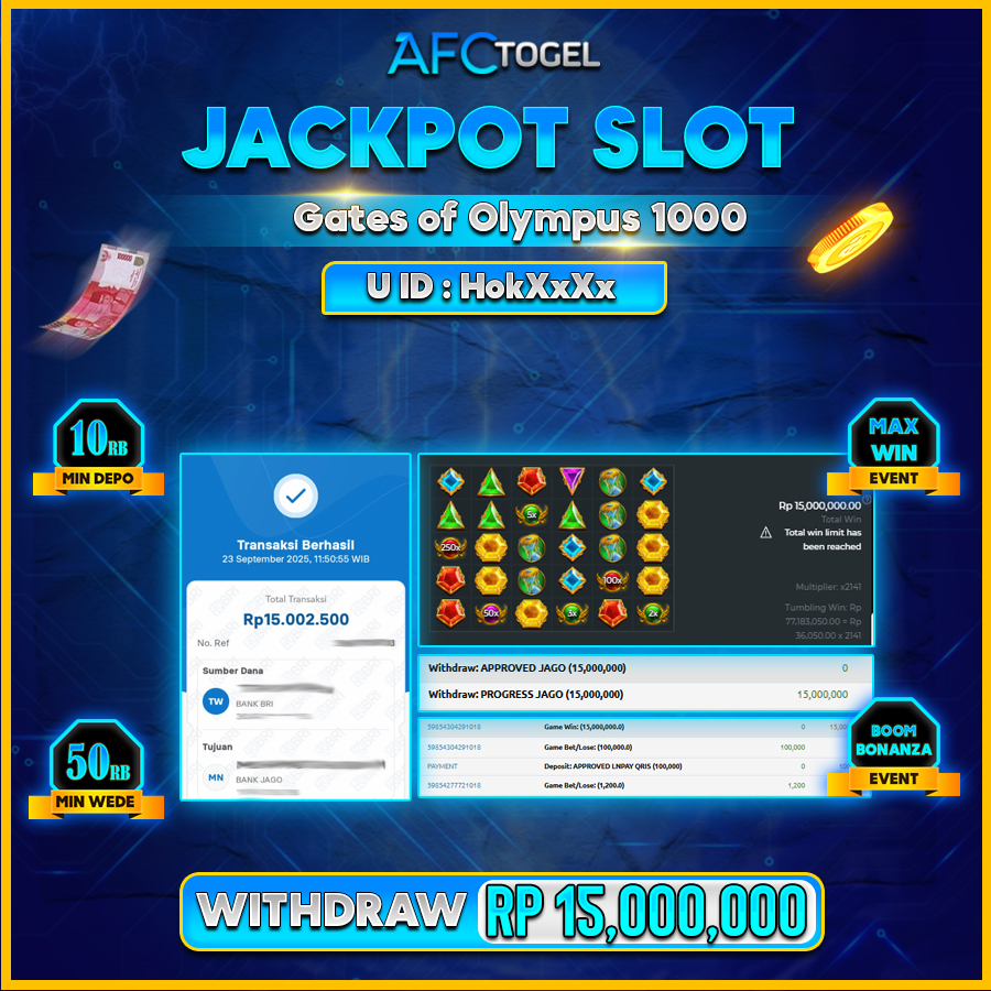 AFCTOGEL JACKPOT SLOT GATE OF OLYMPUS 1000 Rp.15.000.000.,- LUNAS