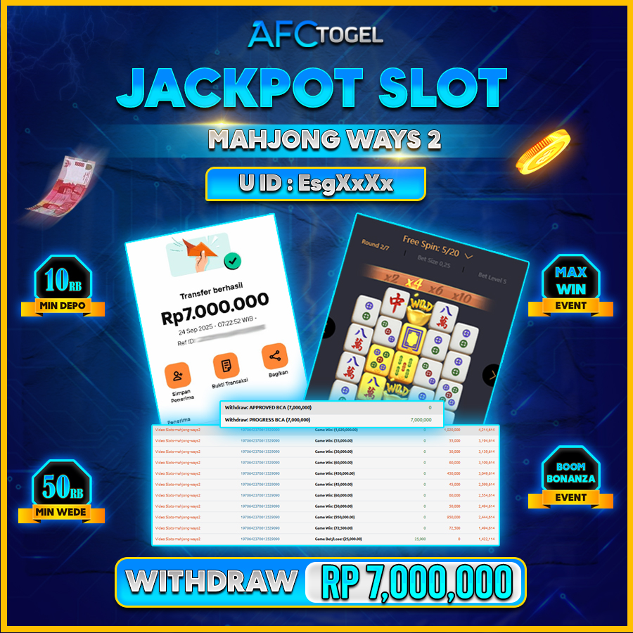 AFCTOGEL JACKPOT SLOT MAHJONG WAYS 2 Rp.7.000.000.,- LUNAS