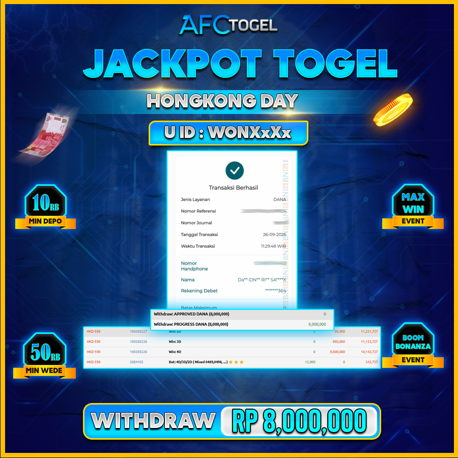 AFCTOGEL JACKPOT TOGEL HONGKONG DAY Rp.8.000.000.,- LUNAS