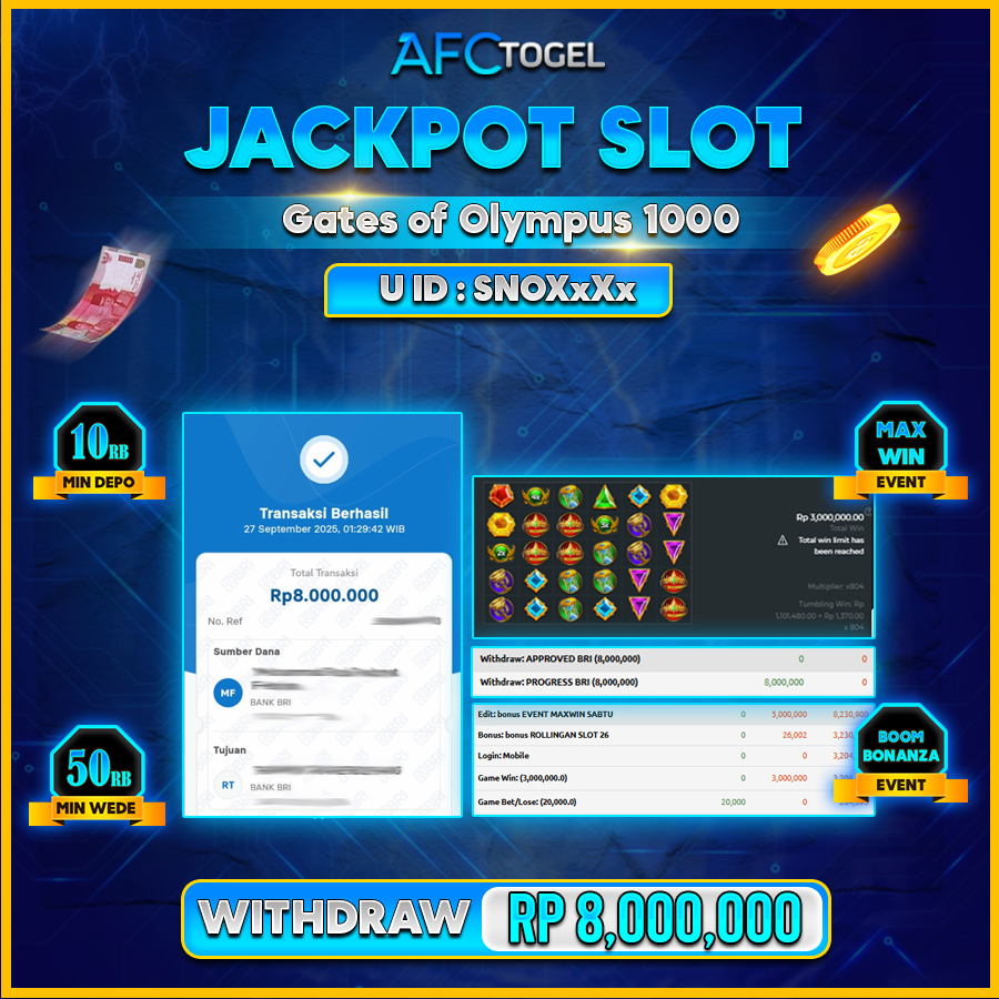 AFCTOGEL JACKPOT SLOT GATES OF OLYMPUS Rp.8.000.000.,- LUNAS