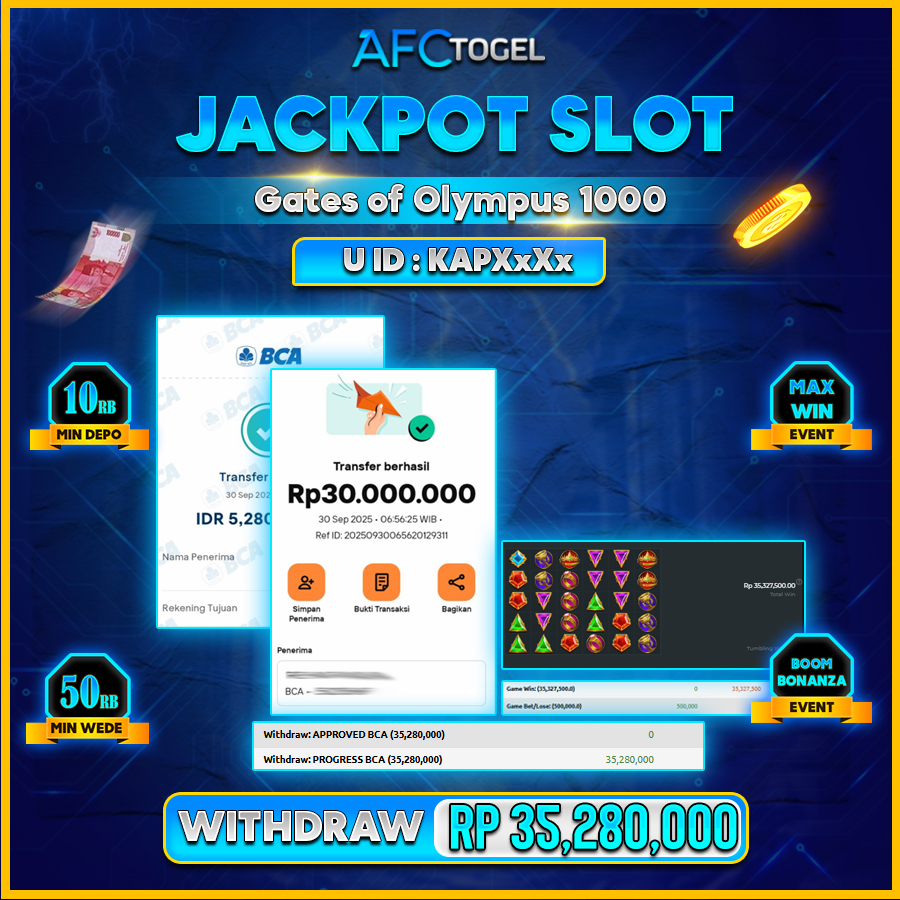 AFCTOGEL JACKPOT SLOT GATES OF OLYMPUS 1000 Rp.35.280.000.,- LUNAS