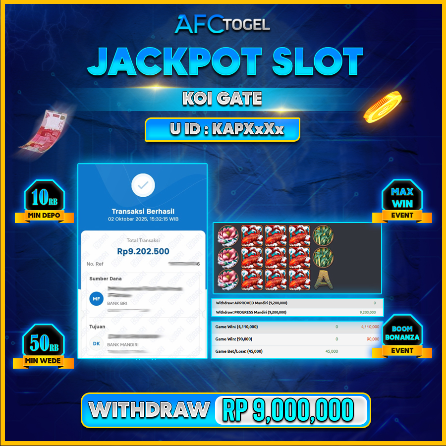AFCTOGEL JACKPOT KOI GATE Rp.9.000.000.,- LUNAS