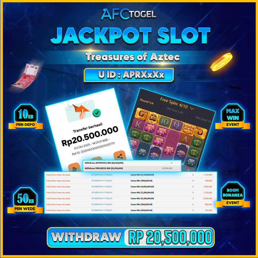 AFCTOGEL JACKPOT SLOT TREASURE OF AZTEC Rp.20.500.000.,- LUNAS