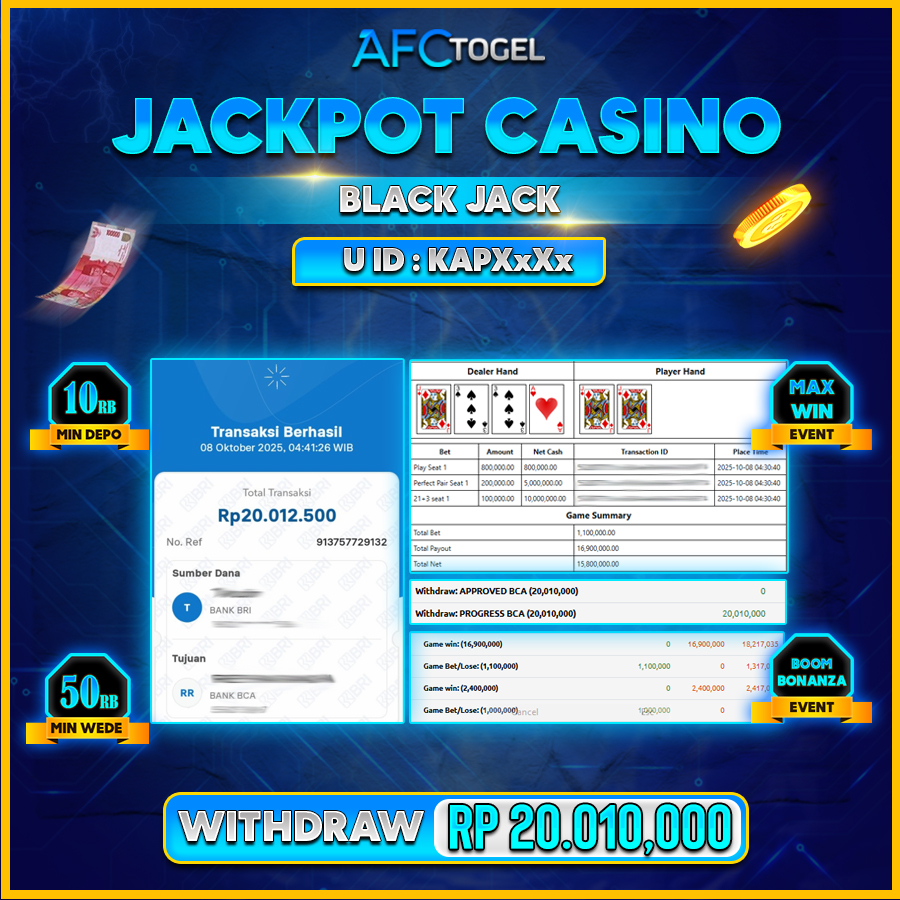 AFCTOGEL JACKPOT CASINO BLACK JACK Rp.20.010.000.,- LUNAS
