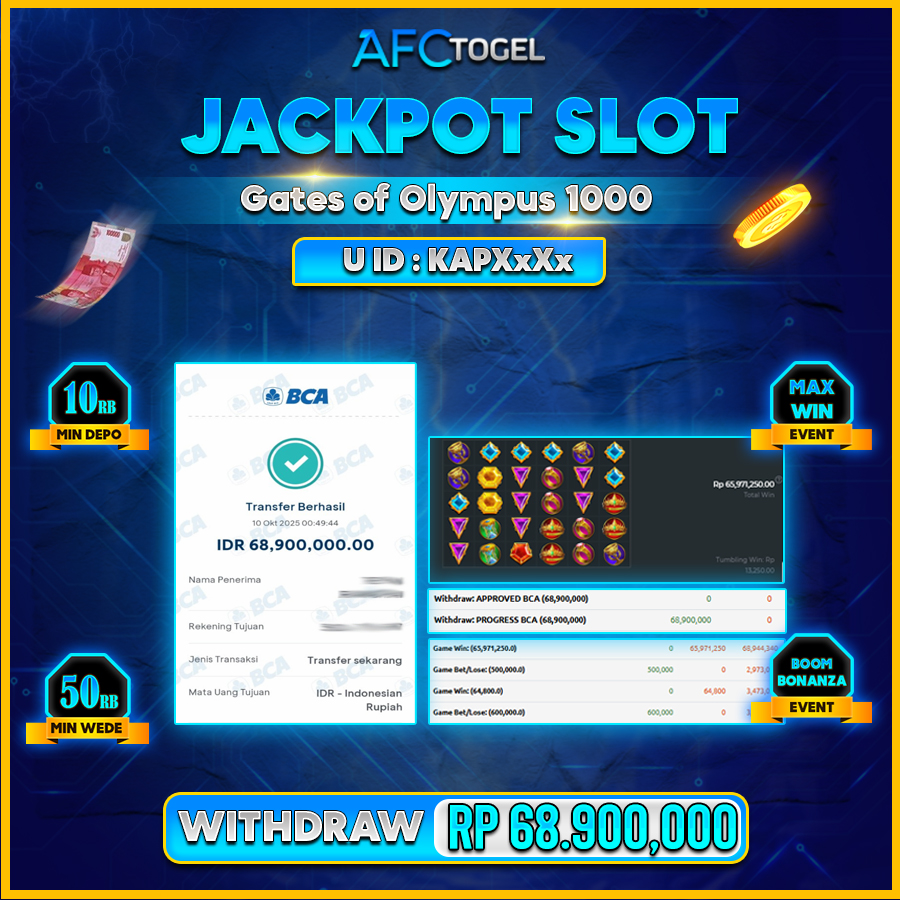 AFCTOGEL JACKPOT GATE OF OLYMPUS 1000 Rp.68.900.000.,- LUNAS