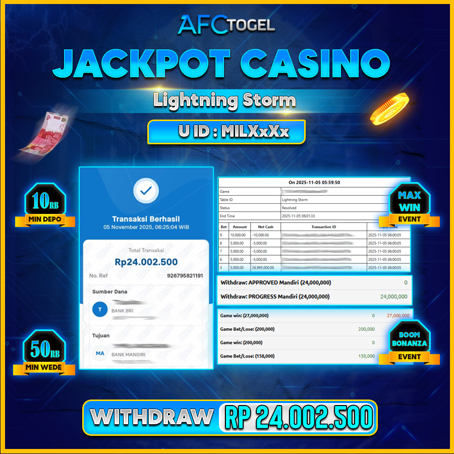 AFCTOGEL JACKPOT LIVE CASINO LIGHTNING STROM Rp.24.000.000.,- LUNAS