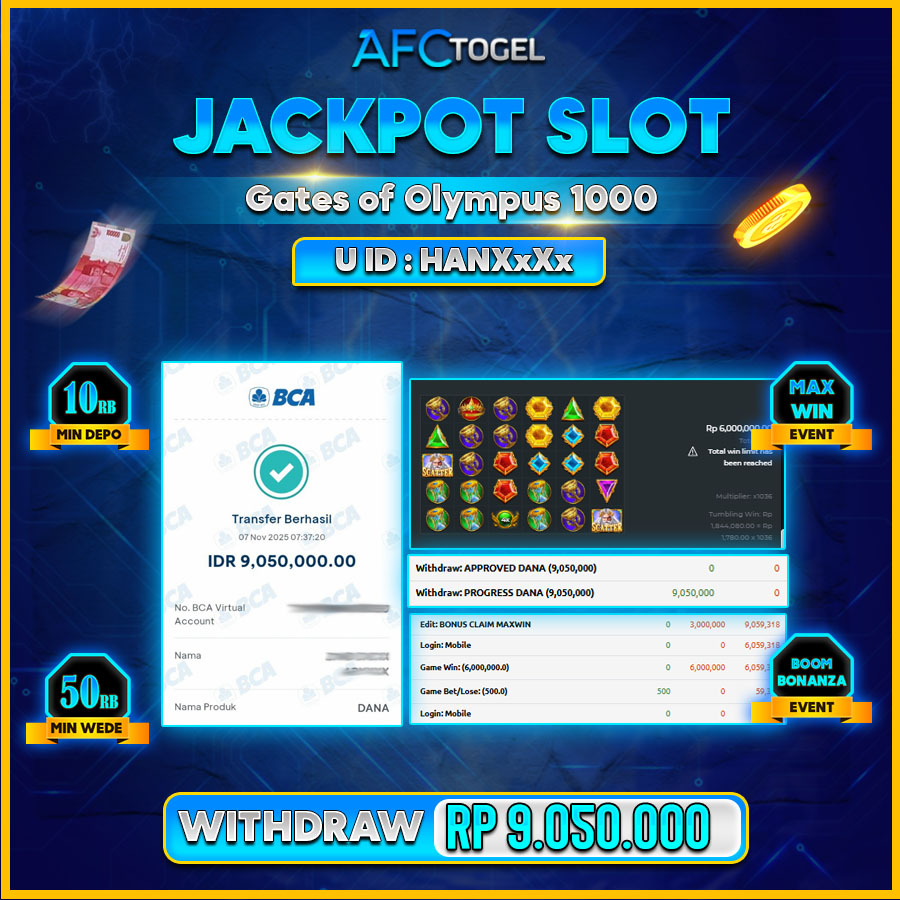 AFCTOGEL JACKPOT GATE OF OLYMPUS 1000 Rp.9.050.000.,- LUNAS