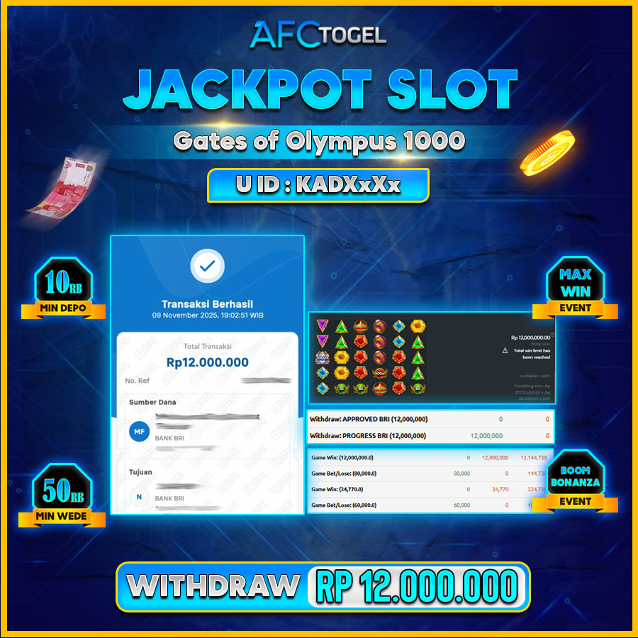 AFCTOGEL JACKPOT SLOT GATES OF OLYMPUS 1000 Rp.12.000.000.,- LUNAS
