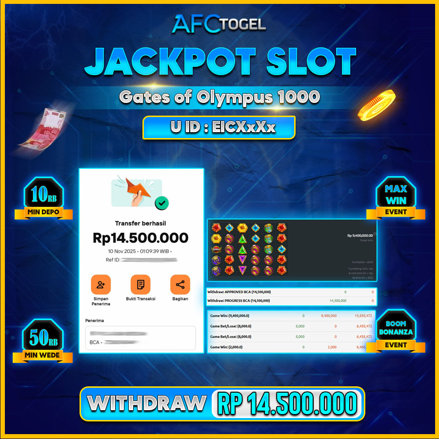 AFCTOGEL JACKPOT SLOT GATES OF OLYMPUS 1000 Rp.14.500.000.,- LUNAS