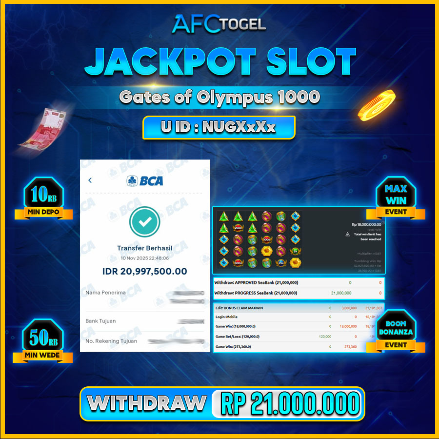AFCTOGEL JACKPOT SLOT GATES OF OLYMPUS 1000 Rp.21.000.000.,- LUNAS