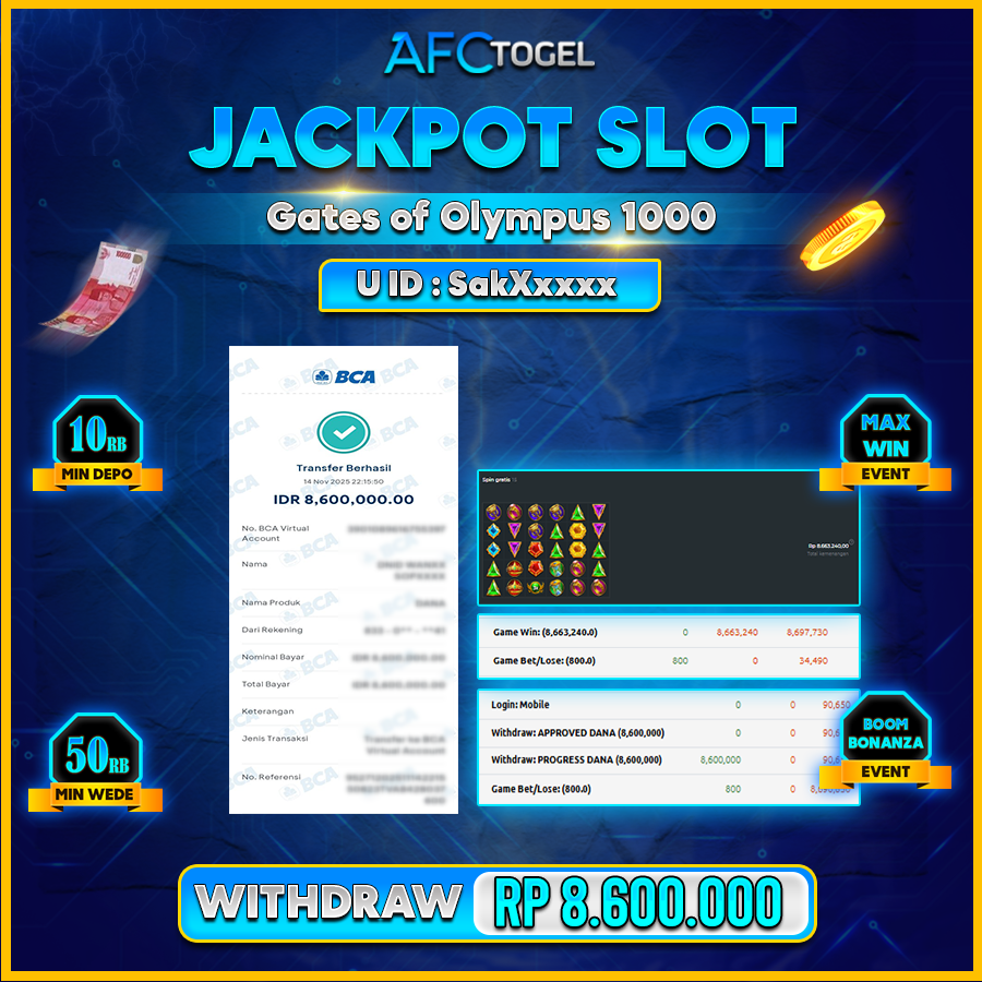 AFCTOGEL JACKPOT SLOT GATES OF OLYMPUS 1000 Rp.8.600.000.,- LUNAS