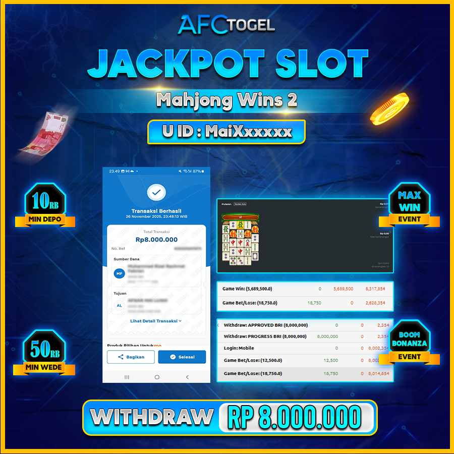 AFCTOGEL JACKPOT SLOT MAHJONG WINS 2 Rp.8.000.000.,- LUNAS