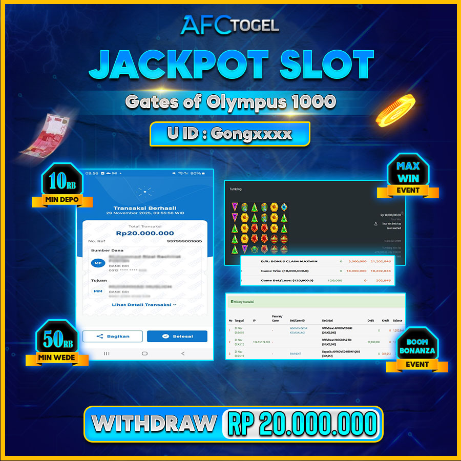 AFCTOGEL JACKPOT SLOT Gates of Olympus1000  Rp.20.000.000.,- LUNAS