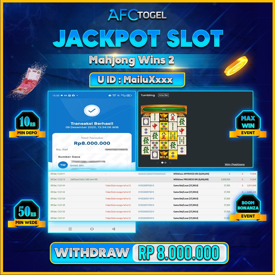 AFCTOGEL JACKPOT SLOT Mahjong Wins2 Rp.8.000.000.,-LUNAS