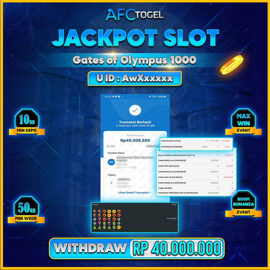 AFCTOGEL JACKPOT SLOT Gates of Olympus 1000 Rp.40.000.000.,-LUNAS