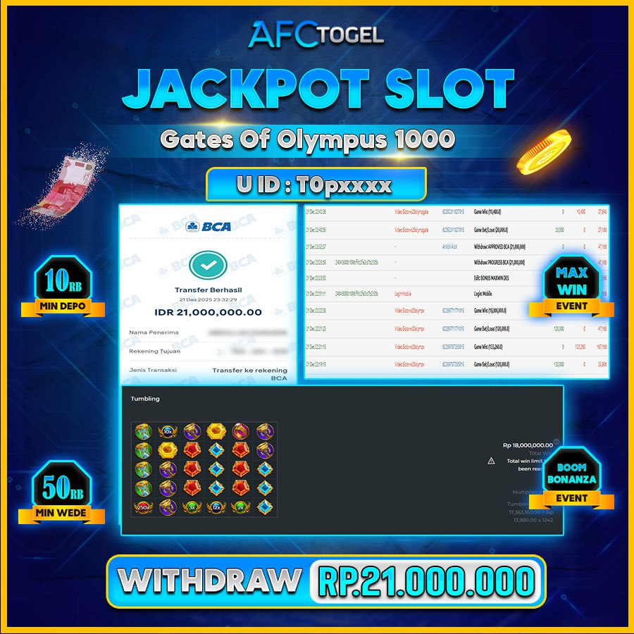 AFCTOGEL JACKPOT GAME SLOT GATES OF OLYMPUS 1000 Rp.21.000.000.,-LUNAS