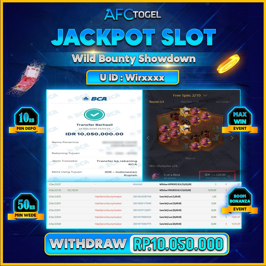 AFCTOGEL JACKPOT GAME SLOT Wild Bounty  Rp.10.050.000.,-LUNAS