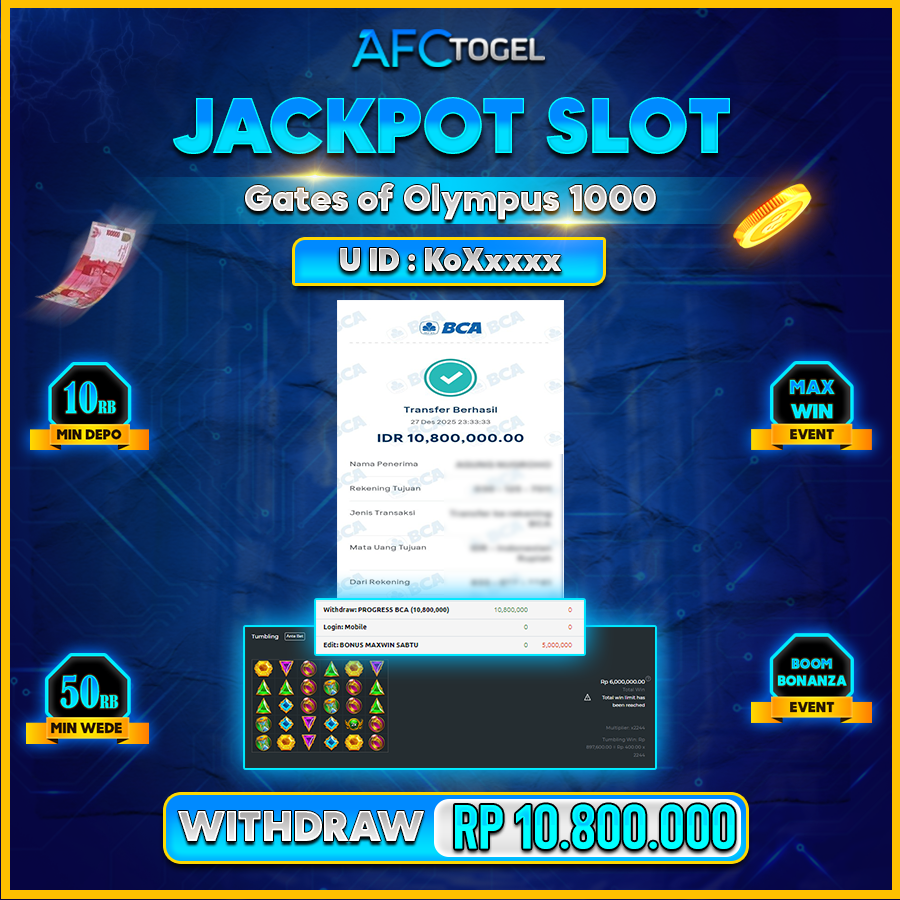 AFCTOGEL JACKPOT GAME SLOT Gates of Olympus 1000 Rp.10.800.000.,-LUNAS
