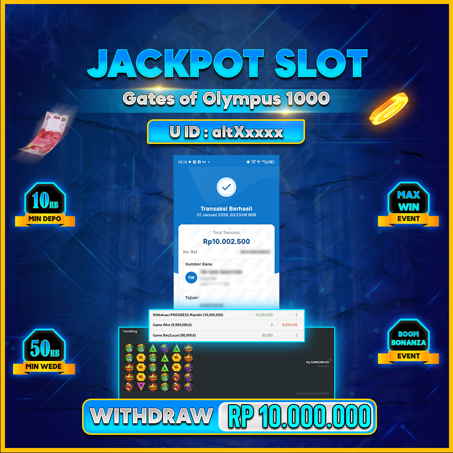 AFCTOGEL JACKPOT GAME SLOT Gates of Olympus 1000 Rp.10.000.000.,-LUNAS