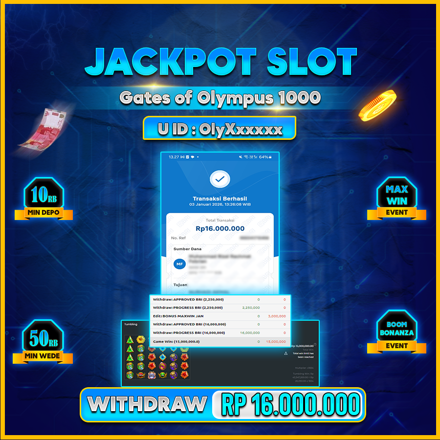 AFCTOGEL JACKPOT GAME Gates of Olympus 1000 Rp.16.000.000.,-LUNAS