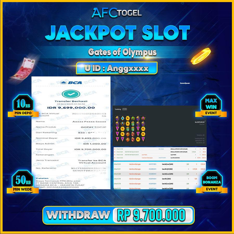AFCTOGEL JACKPOT SLOT Gates of Olympus  Rp.9.700.000.,- LUNAS