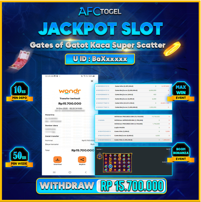 AFCTOGEL JACKPOT SLOT Gates of Gatot Kaca Super Scatter Rp.15.700.000.,- LUNAS